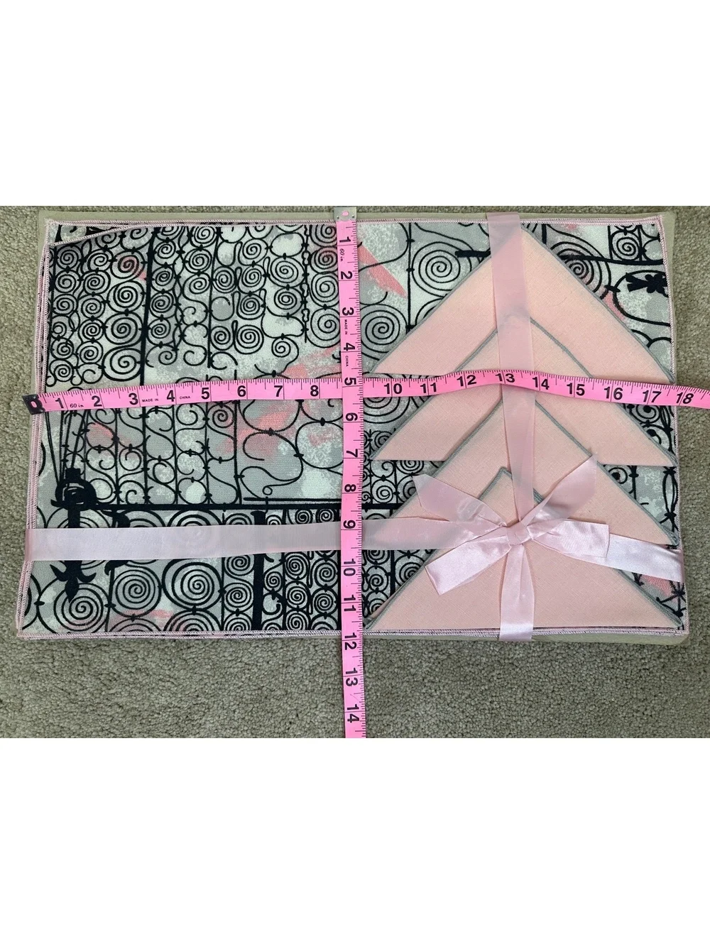 Vtg MCM New 4 Pink & Gray Placemat + Napkin Set Abstract Mod 1950s Linens